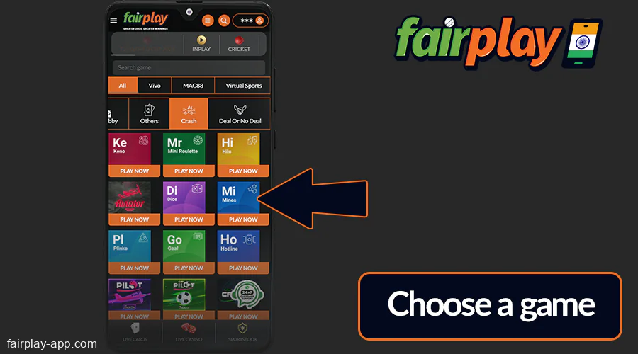 Choose a game at Fairplay India app