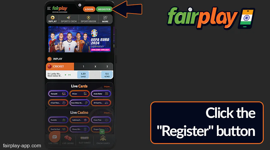 Click "Register" at Fairplay India app