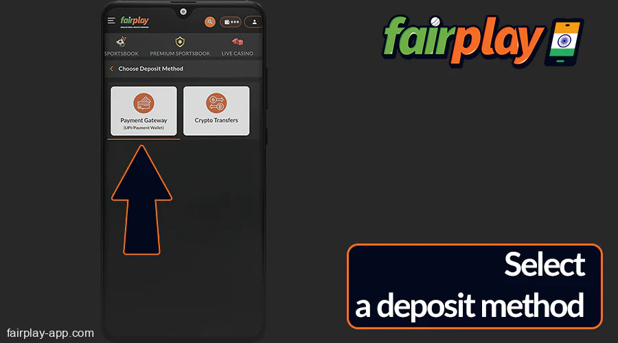 Select a deposit method at Fairplay IN app